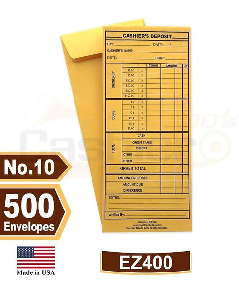 Cashier Depot EZ400 Cashier's Deposit Report Envelope, 4 1/8" x 9 1/2", Premium 24lb Kraft, Gum Flap, 500/Box - Select Office Supplies