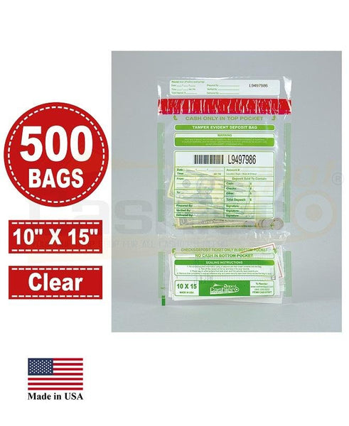 Tamper Evident Deposit Bag 10" x 15" Clear, Twin Pockets, Serialized Numbering, Barcode, Press & Seal Closure Tape, 500 Bags