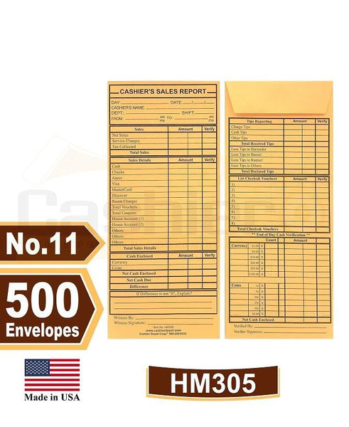 Cashier Depot HM305 Cashier's Sales Report Envelope, 4 1/2" x 10 3/8", Premium 24lb. Kraft, Gum Flap, 500/Box - Select Office Supplies