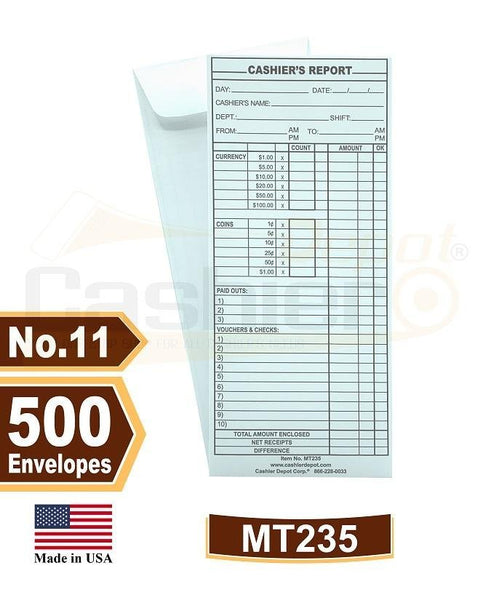 Cashier Depot MT235 Cashier's Report Envelope, 4 1/2" x 10 3/8", Premium 24lb. White, Gum Flap, 500/Box - Select Office Supplies