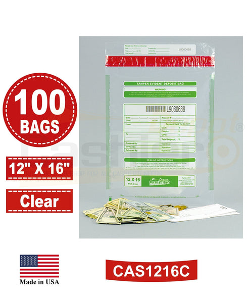 Tamper Evident Deposit Bags, 12" x 16" Clear, Serialized Numbering, Barcode, Press & Seal Void Closure Tape (100 Bags)