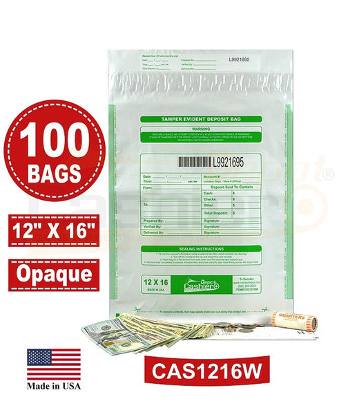 Cashier Depot Tamper Evident Deposit Bags, 12" x 16" White, Serialized Numbering, Barcode, Press & Seal Void Closure Tape (100 Bags) - Select Office Supplies
