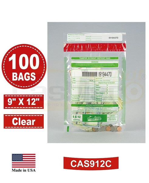 Cashier Depot Tamper Evident Deposit Bags, 9" x 12" Clear, Serialized Numbering, Barcode, Press & Seal Void Closure Tape (100 Bags) - Select Office Supplies