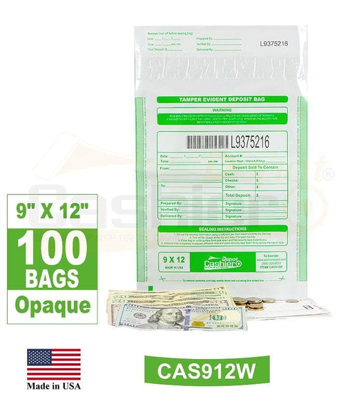 Cashier Depot Tamper Evident Deposit Bags, 9" x 12" White, Serialized Numbering, Barcode, Press & Seal Void Closure Tape (100 Bags) - Select Office Supplies