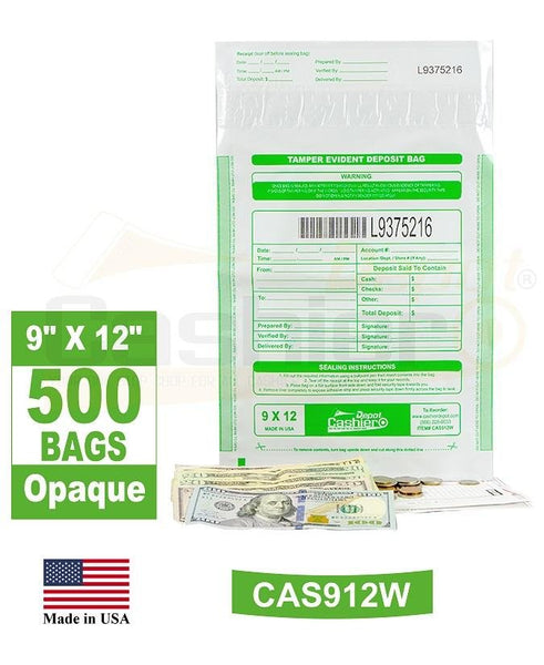 Cashier Depot Tamper Evident Deposit Bags, 9" x 12" White, Serialized Numbering, Barcode, Press & Seal Void Closure Tape (500 Bags) - Select Office Supplies